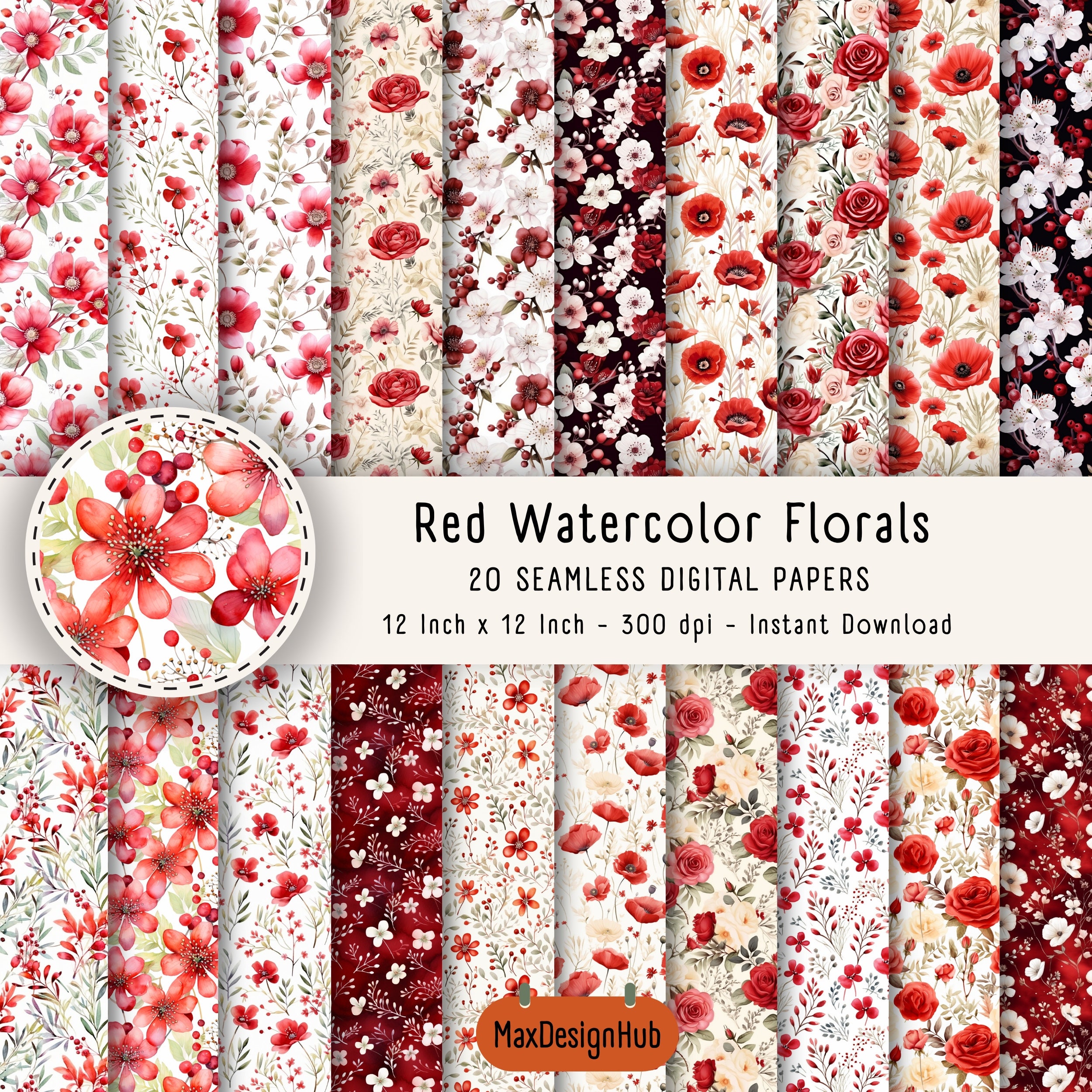 20 Red Watercolor Floral Printable Paper - Seamless Shabby Chic – Wildflower Scrapbook – Junk Journal Paper JPG – Instant Digital Download