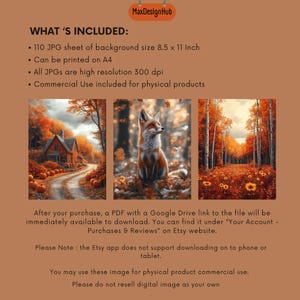 May include: Digital download featuring three autumn-themed images. One shows a house on a road lined with pumpkins, another a fox in a forest, and the third a path through trees. The text includes "WHAT'S INCLUDED" and details about the digital files.