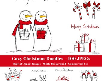 Gemütliche Weihnachten Doodles Clipart, Handgezeichnete Weihnachten, Wunderliche Urlaub Skizzen, Weißer Hintergrund, JPEG Bilder