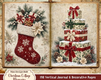 Christmas Cottage Memories Junk Journal Pages, Vintage Christmas Printable, Cottagecore Scrapbook Images