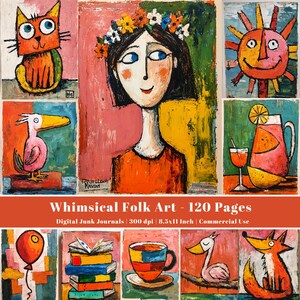 Whimsical Folk Art Junk Journal Kit, Colorful Printable Pages, Scrapbook Background Pages, Cottagecore Images