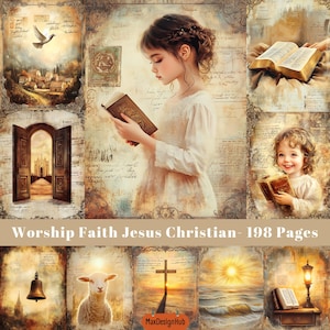 Worship Faith Jesus Christian, Junk Journal Page, Vintage Ephemera, Antique Old Aged Paper, Printable Image, Digital Paper, Scrapbook Image