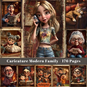 Moderne Familie, Junk Journal Seiten, Karikaturen Kunst, Charakter Design, Digitale Wandkunst, Digitale Papiere, Cartoon Kunst, Scrapbook Zubehör