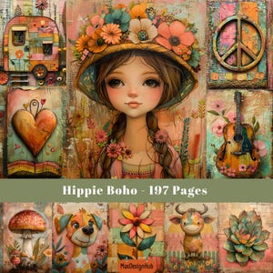 Boho hippie, Pages de journal indésirable, Papier numérique coloré, Papier de scrapbooking printanier, Image imprimable, Papier numérique, Téléchargement numérique