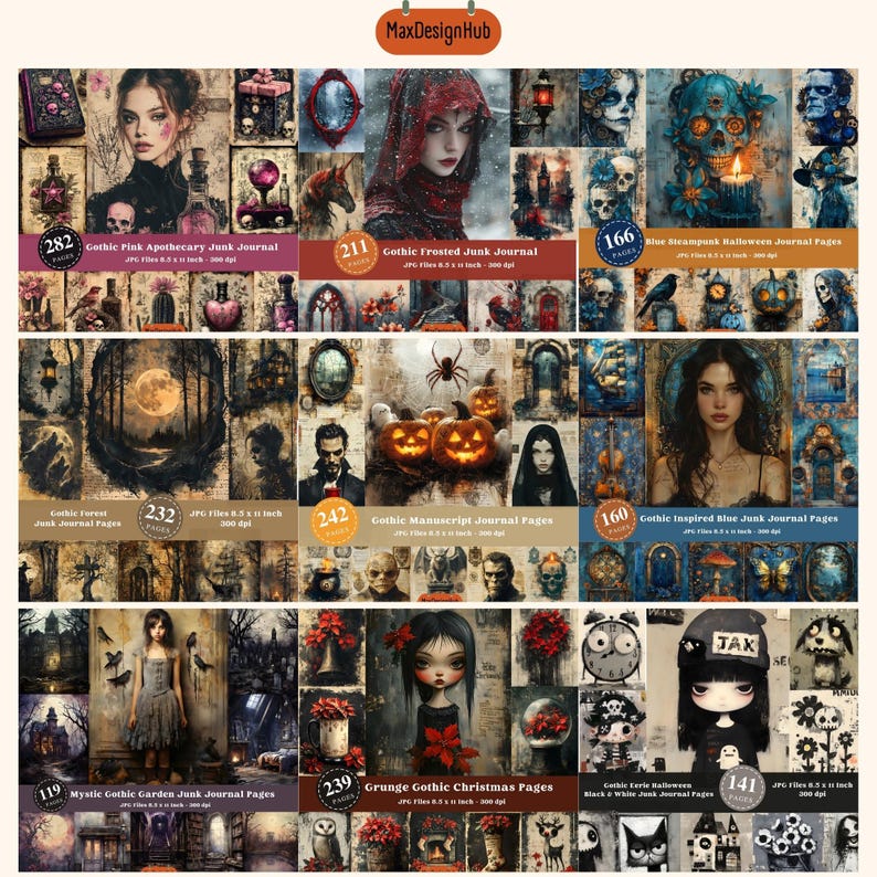 May include: A collage of digital paper packs for junk journals, featuring gothic, steampunk, and Christmas themes. The papers include images of skulls, pumpkins, fairies, and other spooky and whimsical designs. Each pack contains 200 high-resolution JPG files, measuring 8.5 inches by 11 inches.