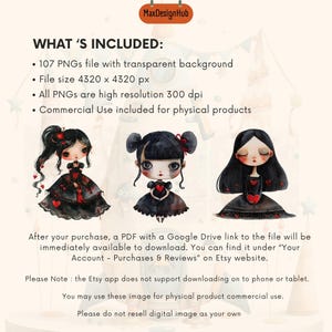 May include: A set of 107 digital illustrations of cute cartoon girls with black hair and red hearts. The illustrations are in a watercolour style and have a transparent background. The images are high resolution and are perfect for use in digital and physical products.