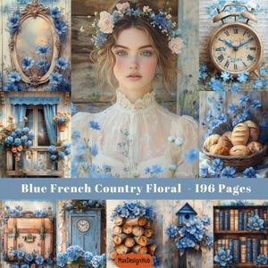 Azul francês, diário de sucata, chique gasto, campo, rústico, chalé, florais, materiais para scrapbook, papel digital, imagem para impressão