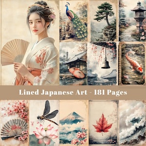 Liniert Japanische Kunst Seiten, Beige Junk Journal, Scrapbook Seite, Papierhandwerk, Digital Papier, Druckbares Bild, digitaler Download, Kommerzielle Nutzung