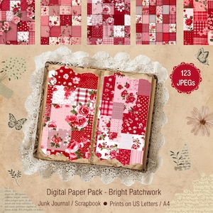 Páginas de patchwork, diario basura, scrapbooking digital rojo y rosa, diario de patchwork, tela floral, textura de tela, estilo shabby chic, tela de cuadros vichy