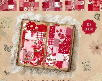 Papel para Scrapbook de Patchwork: Texturas de Tecido Shabby Chic (Download Digital, 123 JPGs)