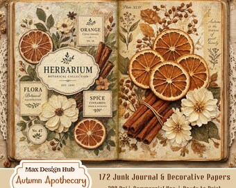 Autumn Apothecary Junk Journal Kit, Botanical Printable, Herbal Recipe, Fall Scrapbook Paper, Cozy Ephemera