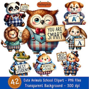 42 かわいい動物の学校のクリップアート、動物のクリップアート、新学期のクリップアート、かわいいテキストのクリップアート、掲示板、学校の掲示板、学校のペーパークラフト