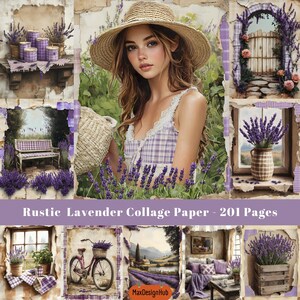Lavanda rustica, carta collage, pagina di diario spazzatura, tema viola, pagine floreali, artigianato di carta, immagine stampabile, carta per scrapbooking, carta digitale