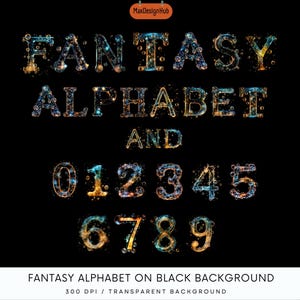 黒の背景にファンタジーアルファベット、バブルアルファベット、ファンタジーPNG文字、パーティーレターPNG、デジタルクラフト、スクラップブッキング、カード作成