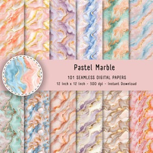 Könnte beinhalten: Ein Set mit 101 digitalen Papieren mit Pastell-Marmor-Mustern und goldenen Akzenten. Jedes Papier ist 30,5 cm x 30,5 cm groß und hat eine Auflösung von 300 dpi.