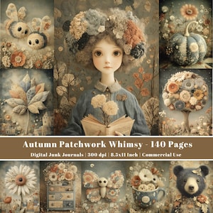 Può includere: Una collezione di diari digitali intitolata Autumn Patchwork Whimsy - 140 Pages, 300 dpi, 8.5x11 Inch, Commercial Use. Il collage presenta una bambola con un copricapo floreale, api, una zucca, un albero, una margherita e un orso.