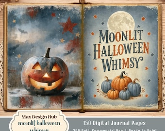 Halloween Junk Journal Kit, Printable Pages, Vintage Scrapbook Background Papers, Moonlit Halloween Whimsy