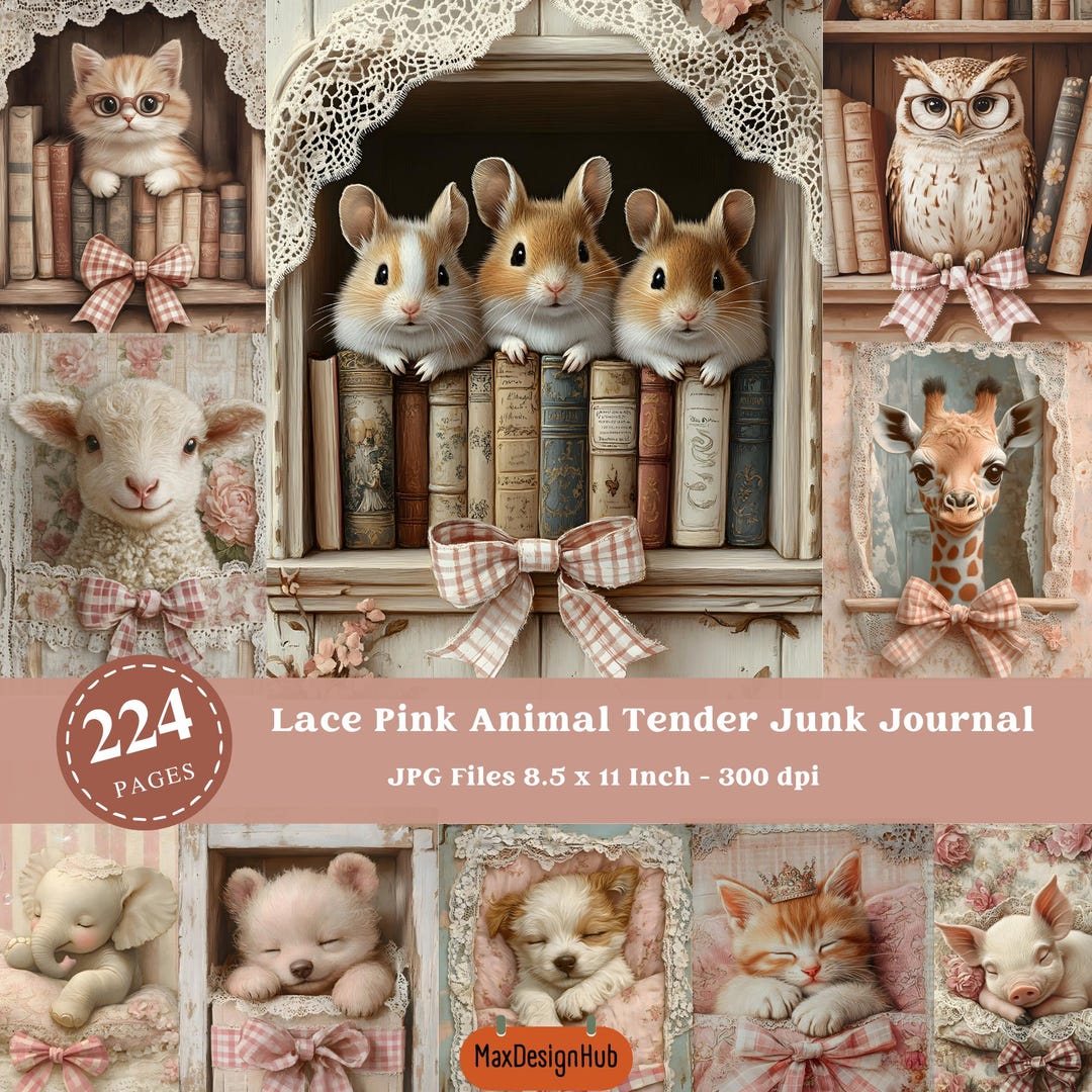Pink Lace Animal Junk Journal Pages: Shabby Chic Scrapbook (digital ...