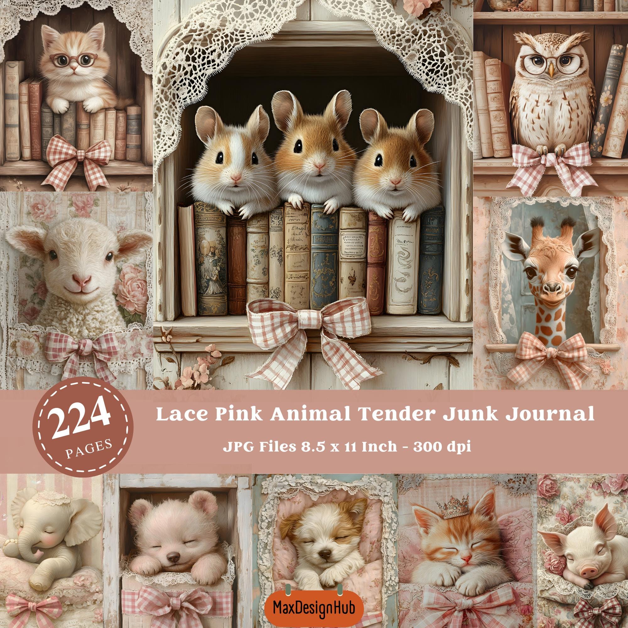 Pink Lace Animal Junk Journal Pages: Shabby Chic Scrapbook (digital ...