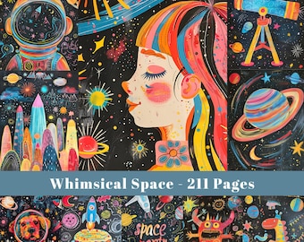 Whimsical Space Junk Journal Pages: Outer Space Art (Digital Download)