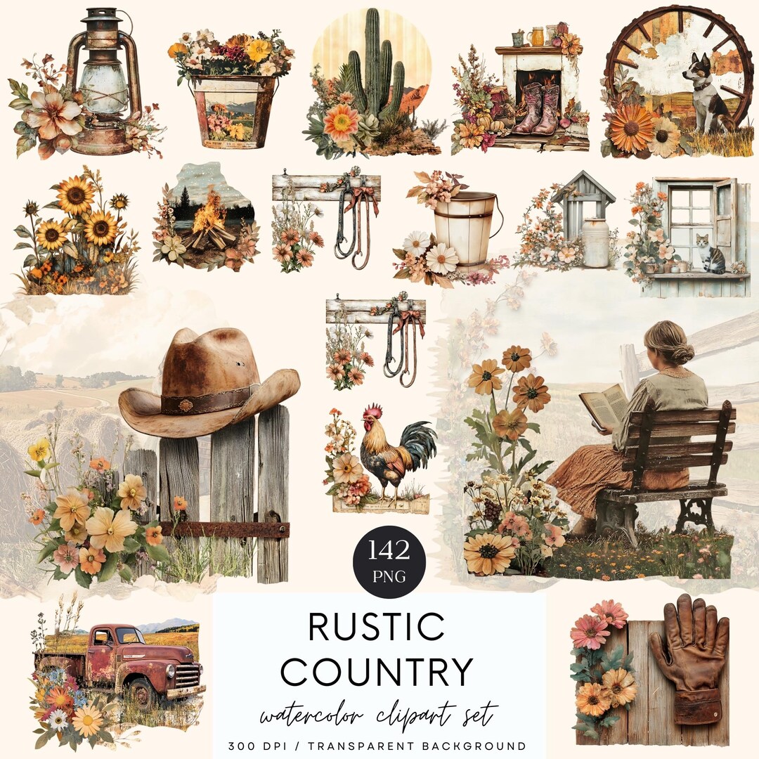 Rustic Country Clipart, Farmhouse Clipart, Western Watercolor ...