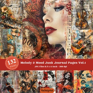 Páginas imprimibles de música, fondo musical, hoja de collage, material efímero, álbumes de recortes, fabricación de tarjetas, material para diario basura, manualidades con notas musicales