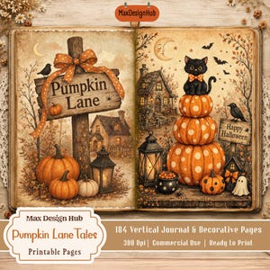 Pumpkin Lane Tales skräpjournalkit, mysiga Halloween-utskrivbara sidor, höstpapper, häxiga efemera