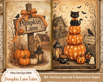 Pumpkin Lane Tales Junk Journal Kit, Cozy Halloween Printable Pages, Autumn Papers, Witchy Ephemera