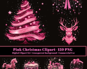 Pink Christmas Clipart, Holiday PNG Graphics, Sparkly Designs, Christmas Elements, For Black Backgrounds Only