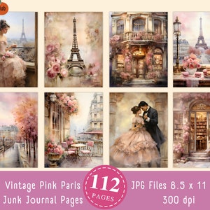 112 pagine di diario digitale vintage rosa di Parigi, effimeri di Parigi, pagina di Parigi, album di Parigi, diario di cianfrusaglie Shabby Chic, download digitale