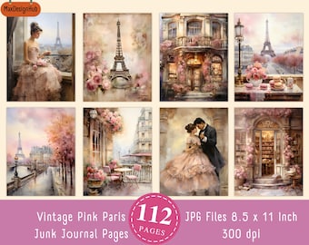 May include: A set of 112 digital printable pages featuring vintage illustrations of Paris in pink tones. The images include scenes of the Eiffel Tower, Parisian streets, cafes, and couples. The pages are 8.5 x 11 inches and 300 dpi.