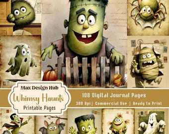 Whimsy Haunts Junk Journal Pages, Vintage Halloween Printable Kit, Witch Ghost and Monster Papers