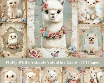 Könnte beinhalten: Eine Sammlung von 174 druckbaren Valentinstagskarten mit niedlichen weißen Tieren mit floralen Akzenten. Die Karten zeigen eine Vielzahl von Tieren, darunter einen Fuchs, eine Eule, ein Lama, ein Lamm, einen Hund, einen Eisbären, einen Fuchs, eine Katze und ein Eichhörnchen. Die Karten sind perfekt, um Ihren Valentinstag-Feiern einen Hauch von Verspieltheit zu verleihen.