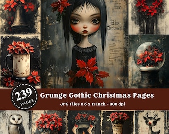 May include: A digital collage of 239 grunge gothic Christmas themed images. The images feature a variety of elements, including a girl with black hair and a red poinsettia, a snow globe with a poinsettia inside, a bell, a mug with a poinsettia, a fireplace with stockings, a reindeer, and a Christmas stocking.