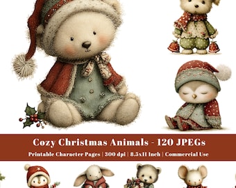 Cozy Christmas Animals Clipart Vintage Christmas Characters, Printable Holiday Animal Images, Journal Ephemera, JPEG