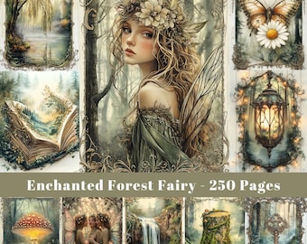 May include: A collage of images featuring a fairy with wings, a book, a mushroom, a waterfall, a tree stump, a lantern, a butterfly, and a flower. The text "Enchanted Forest Fairy - 250 Pages" is at the bottom of the collage.