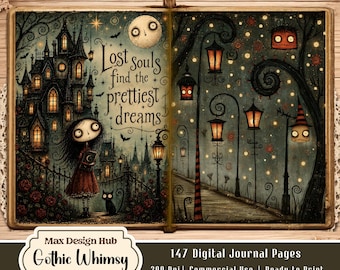 Gothic Whimsy Junk Journal Pages, Creepy Storybook Printable, Vintage Scrapbook, Halloween Art, Fantasy Illustration