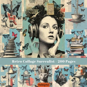 Diario basura de collage surrealista, fondo de arte surrealista, efímera retro, hoja de collage, técnica mixta retro, papel para álbum de recortes, imagen imprimible