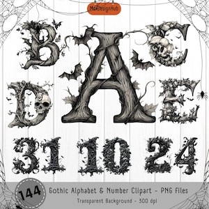 May include: A grayscale gothic alphabet and number clipart set. The letters and numbers are designed with a tree-like texture, decorated with bats, skulls, and leaves. The image includes the numbers 3, 1, 10, 24, and the letters B, A, C, D, and E.