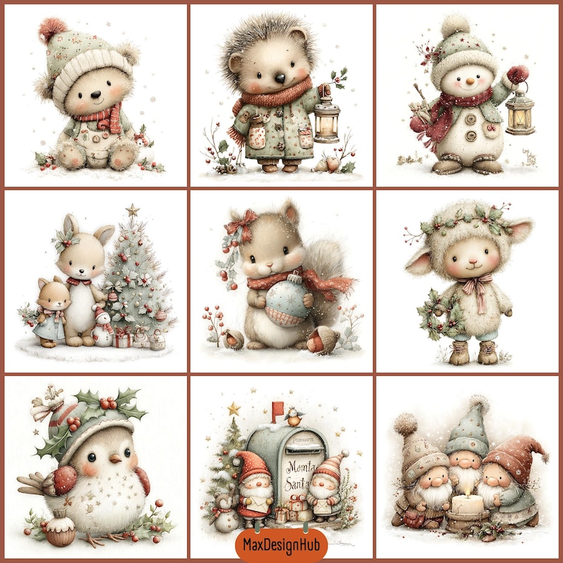 Whimsical Christmas Clipart Bundle, Winter Character JPEGs, Storybook Animals, Watercolor Illustrations, Commercial Use image 8