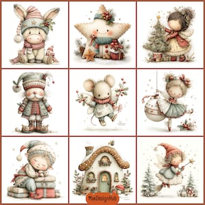 May include: A collection of nine Christmas-themed illustrations featuring a rabbit in a hat, a smiling star, a child decorating a tree, a nutcracker, a mouse with wings, a child with an ornament, a sleeping child, a cottage, and a flying fairy.