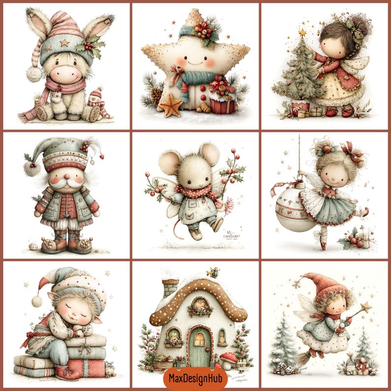 May include: A collection of nine Christmas-themed illustrations featuring a rabbit in a hat, a smiling star, a child decorating a tree, a nutcracker, a mouse with wings, a child with an ornament, a sleeping child, a cottage, and a flying fairy.