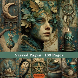 Sacred Pagan Junk Journal Kit, afdrukbare groene heks, mystieke achtergronden, collagevel, papierkunst, plakboekbenodigdheden, digitaal papier