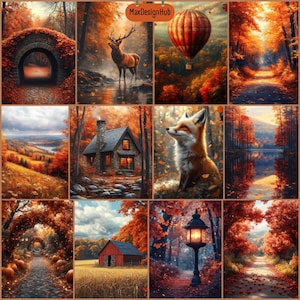 May include: A collage of autumn-themed digital art prints. Scenes include a stone bridge, a deer in a stream, a hot air balloon, a forest path, a cozy cabin, a fox, a lake, a path with arching trees, a barn, and a lamppost. The color palette is dominated by warm oranges and reds.