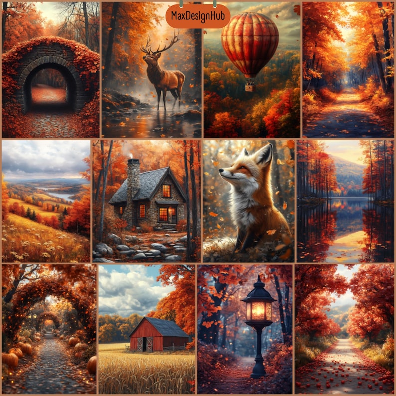 May include: A collage of autumn-themed digital art prints. Scenes include a stone bridge, a deer in a stream, a hot air balloon, a forest path, a cozy cabin, a fox, a lake, a path with arching trees, a barn, and a lamppost. The color palette is dominated by warm oranges and reds.