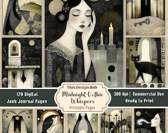 Midnight Gothic Whispers Junk Journal Pages, Dark Fantasy Printable, Raven Cat Moon Art