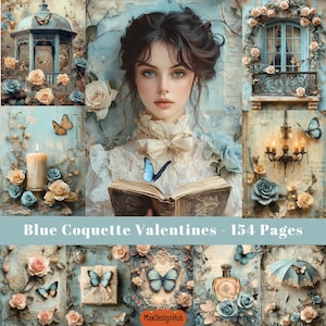 Dia dos Namorados Blue Coquette, Página de Diário de Lixo, Ephemera Valentine, Amor, Romântico, Papel Vitoriano, Flores, Rosa, Papel para Scrapbooking