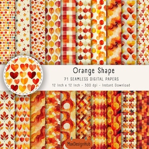 May include: Set of 71 digital papers featuring orange and red watercolour patterns. The patterns include hearts, stars, leaves, gingham, and abstract shapes. The papers are 30.5 cm by 30.5 cm and 300 dpi.