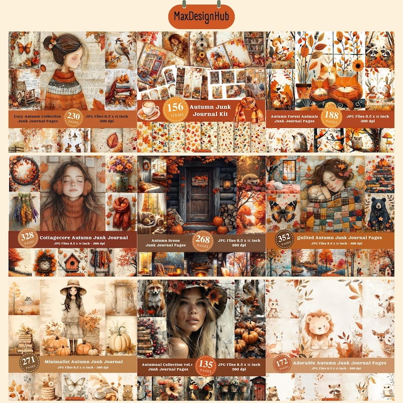 May include: A collage of digital papers featuring autumn themes, including cottagecore, forest animals, and quilted patterns. The papers are perfect for scrapbooking, card making, and other paper crafts. Each paper is 8.5 inches by 11 inches and 300 dpi.