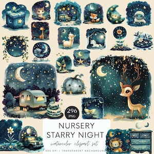 Clipart acquerello cielo stellato notturno, clipart asilo nido, invito baby shower, clipart celeste, download digitale, uso commerciale